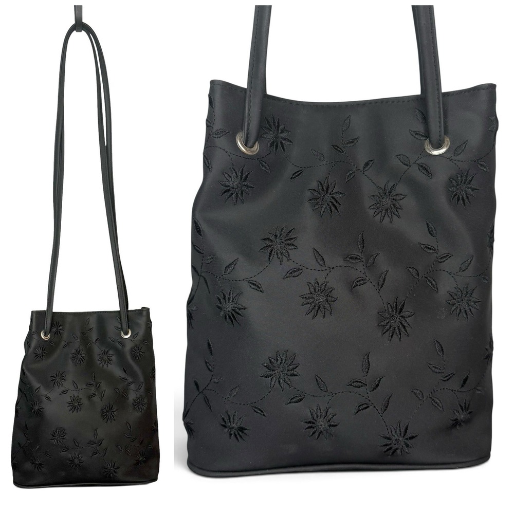 Vintage 90s Chateau Black Shoulder Bag Purse Floral Embroidered Bag Cute Simple